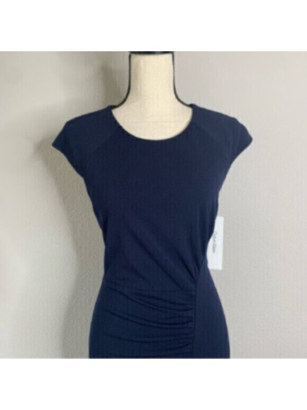NWT Calvin Klein Navy Blue Side-Ruched Scuba Crepe Sheath Dress - Picture 9 of 17